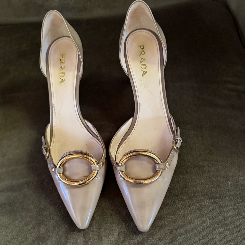 Prada Women's Beige Heels with Gold Detail